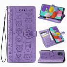 For Galaxy A71 Cute Cat and Dog Embossed Horizontal Flip Leather Case with Bracket / Card Slot / Wallet / Lanyard(Purple) - 1