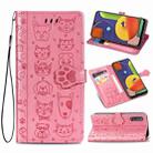 For Galaxy A70/A70S Cute Cat and Dog Embossed Horizontal Flip Leather Case with Bracket / Card Slot / Wallet / Lanyard(Pink) - 1