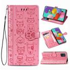 For Galaxy A51 Cute Cat and Dog Embossed Horizontal Flip Leather Case with Bracket / Card Slot / Wallet / Lanyard(Pink) - 1