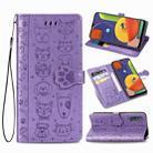 For Galaxy A50/A30S/A50S Cute Cat and Dog Embossed Horizontal Flip Leather Case with Bracket / Card Slot / Wallet / Lanyard(Purple) - 1