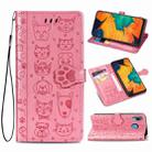 For Galaxy A30 Cute Cat and Dog Embossed Horizontal Flip Leather Case with Bracket / Card Slot / Wallet / Lanyard(Pink) - 1