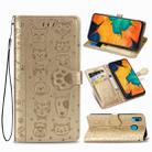 For Galaxy A30 Cute Cat and Dog Embossed Horizontal Flip Leather Case with Bracket / Card Slot / Wallet / Lanyard(Gold) - 1