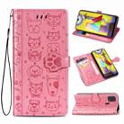 For Galaxy M31 Cute Cat and Dog Embossed Horizontal Flip Leather Case with Bracket / Card Slot / Wallet / Lanyard(Pink) - 1