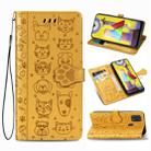 For Galaxy M31 Cute Cat and Dog Embossed Horizontal Flip Leather Case with Bracket / Card Slot / Wallet / Lanyard(Yellow) - 1