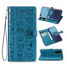 For Huawei P40 Cute Cat and Dog Embossed Horizontal Flip Leather Case with Bracket / Card Slot / Wallet / Lanyard(Blue) - 1