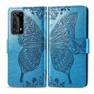 For Huawei P40 Pro Butterfly Love Flower Embossed Horizontal Flip Leather Case with Bracket / Card Slot / Wallet / Lanyard(Blue) - 1