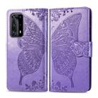 For Huawei P40 Pro Butterfly Love Flower Embossed Horizontal Flip Leather Case with Bracket / Card Slot / Wallet / Lanyard(Light Purple) - 1