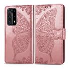 For Huawei P40 Pro Butterfly Love Flower Embossed Horizontal Flip Leather Case with Bracket / Card Slot / Wallet / Lanyard(Rose Gold) - 1