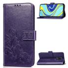 For Xiaomi Redmi Note 9S / Note 9 Pro/  Note 9 Pro Max Four-leaf Clasp Embossed Buckle PU Leather Case with Lanyard & Card Slot & Wallet & Holder(Purple) - 1