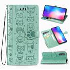 For Xiaomi 9 Se Cute Cat and Dog Embossed Horizontal Flip Leather Case with Bracket / Card Slot / Wallet / Lanyard(Green) - 1