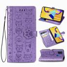 For Galaxy M30S Cute Cat and Dog Embossed Horizontal Flip Leather Case with Bracket / Card Slot / Wallet / Lanyard(Purple) - 1