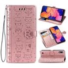 For Galaxy A10 Cute Cat and Dog Embossed Horizontal Flip Leather Case with Bracket / Card Slot / Wallet / Lanyard(Rose Gold) - 1