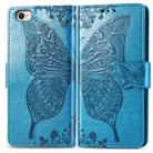 For iPhone SE 2022 / SE 2020 Butterfly Love Flower Embossed Horizontal Flip Leather Case with Bracket / Card Slot / Wallet / Lanyard(Blue) - 1