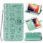 For iPhone SE 2022 / SE 2020 Cute Cat and Dog Embossed Horizontal Flip Leather Case with Bracket / Card Slot / Wallet / Lanyard(Green) - 1