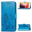 For iPhone SE 2022 / SE 2020 Four-leaf Clasp Embossed Buckle Mobile Phone Protection Leather Case with Lanyard & Card Slot & Wallet & Bracket Function(Blue) - 1