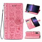 For Sony Xperia 10 II Cute Cat and Dog Embossed Horizontal Flip Leather Case with Bracket / Card Slot / Wallet / Lanyard(Pink) - 1