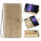 For Sony Xperia 10 II Cute Cat and Dog Embossed Horizontal Flip Leather Case with Bracket / Card Slot / Wallet / Lanyard(Gold) - 1