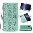 For Sony Xperia 10 II Cute Cat and Dog Embossed Horizontal Flip Leather Case with Bracket / Card Slot / Wallet / Lanyard(Green) - 1