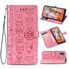 For Galaxy A11 Cute Cat and Dog Embossed Horizontal Flip Leather Case with Bracket / Card Slot / Wallet / Lanyard(Pink) - 1