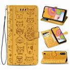 For Galaxy A01 Cute Cat and Dog Embossed Horizontal Flip Leather Case with Bracket / Card Slot / Wallet / Lanyard(Yellow) - 1
