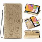 For Galaxy A01 Cute Cat and Dog Embossed Horizontal Flip Leather Case with Bracket / Card Slot / Wallet / Lanyard(Gold) - 1