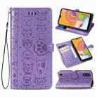 For Galaxy A01 Cute Cat and Dog Embossed Horizontal Flip Leather Case with Bracket / Card Slot / Wallet / Lanyard(Purple) - 1