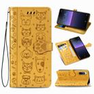 For  Sony Xperia 1 II Cute Cat and Dog Embossed Horizontal Flip Leather Case with Bracket / Card Slot / Wallet / Lanyard(Yellow) - 1