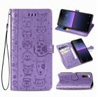 For  Sony Xperia 1 II Cute Cat and Dog Embossed Horizontal Flip Leather Case with Bracket / Card Slot / Wallet / Lanyard(Purple) - 1