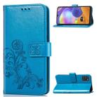 For Galaxy A31 Four-leaf Clasp Embossed Buckle Mobile Phone Protection Leather Case with Lanyard & Card Slot & Wallet & Bracket Function(Blue) - 1