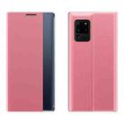 For Galaxy A71 2020 Side Display Magnetic Horizontal Flip Plain Texture Cloth + PC Case with Holder & Sleep / Wake-up Function(Pink) - 1