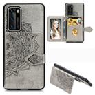 For Huawei P40 Mandala Embossed Magnetic Cloth PU + TPU + PC Case with Holder & Card Slots & Wallet & Photo Frame & Strap(Gray) - 1