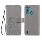 For Motorola Moto G8 Power Lite Four-leaf Clasp Embossed Buckle Mobile Phone Protection Leather Case with Lanyard & Card Slot & Wallet & Bracket Function(Gray) - 1