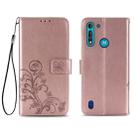 For Motorola Moto G8 Power Lite Four-leaf Clasp Embossed Buckle Mobile Phone Protection Leather Case with Lanyard & Card Slot & Wallet & Bracket Function(Rose Gold) - 1