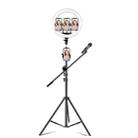 14 inch+4 Phone Clips+Microphone Pole Dimmable Color Temperature LED Ring Fill Light Live Broadcast Set With 2.1m Tripod Mount, CN Plug - 1