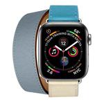 Two Color Double Loop Leather Wrist Strap Watch Band for Apple Watch Series 3 & 2 & 1 38mm, Color:Grey Blue+Pink White+Ice Blue