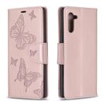 Two Butterflies Embossing Pattern Horizontal Flip Leather Case with Holder & Card Slot & Wallet & Lanyard for Galaxy Note10(Rose Gold)