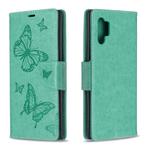 Two Butterflies Embossing Pattern Horizontal Flip Leather Case with Holder & Card Slot & Wallet & Lanyard for Galaxy Note10+(Green)