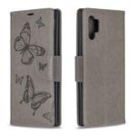 Two Butterflies Embossing Pattern Horizontal Flip Leather Case with Holder & Card Slot & Wallet & Lanyard for Galaxy Note10+(Grey)