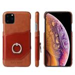 For iPhone 11 Pro Max Fierre Shann Oil Wax Texture Genuine Leather Back Cover Case with 360 Degree Rotation Holder & Card Slot (Brown)