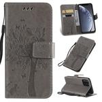 For iPhone 11 Pro Tree & Cat Pattern Pressed Printing Horizontal Flip PU Leather Case with Holder & Card Slots & Wallet & Lanyard (Grey)