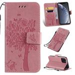 For iPhone 11 Pro Tree & Cat Pattern Pressed Printing Horizontal Flip PU Leather Case with Holder & Card Slots & Wallet & Lanyard (Pink)