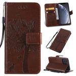 For iPhone 11 Pro Tree & Cat Pattern Pressed Printing Horizontal Flip PU Leather Case with Holder & Card Slots & Wallet & Lanyard (Brown)