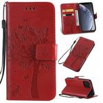 For iPhone 11 Pro Tree & Cat Pattern Pressed Printing Horizontal Flip PU Leather Case with Holder & Card Slots & Wallet & Lanyard (Red)