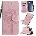 For iPhone 11 Pro Tree & Cat Pattern Pressed Printing Horizontal Flip PU Leather Case with Holder & Card Slots & Wallet & Lanyard (Rose Gold)