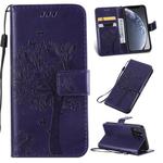 For iPhone 11 Pro Tree & Cat Pattern Pressed Printing Horizontal Flip PU Leather Case with Holder & Card Slots & Wallet & Lanyard (Purple)