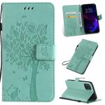 For iPhone 11 Tree & Cat Pattern Pressed Printing Horizontal Flip PU Leather Case with Holder & Card Slots & Wallet & Lanyard (Green)