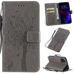 For iPhone 11 Tree & Cat Pattern Pressed Printing Horizontal Flip PU Leather Case with Holder & Card Slots & Wallet & Lanyard (Grey)