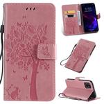 For iPhone 11 Tree & Cat Pattern Pressed Printing Horizontal Flip PU Leather Case with Holder & Card Slots & Wallet & Lanyard (Pink)