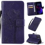 For iPhone 11 Tree & Cat Pattern Pressed Printing Horizontal Flip PU Leather Case with Holder & Card Slots & Wallet & Lanyard (Purple)