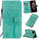 For iPhone 11 Pro Max Tree & Cat Pattern Pressed Printing Horizontal Flip PU Leather Case with Holder & Card Slots & Wallet & Lanyard (Green)